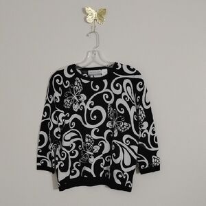 Vintage Alfred Dunner Whimsical Abstract Black & White Butterfly  Beaded Top